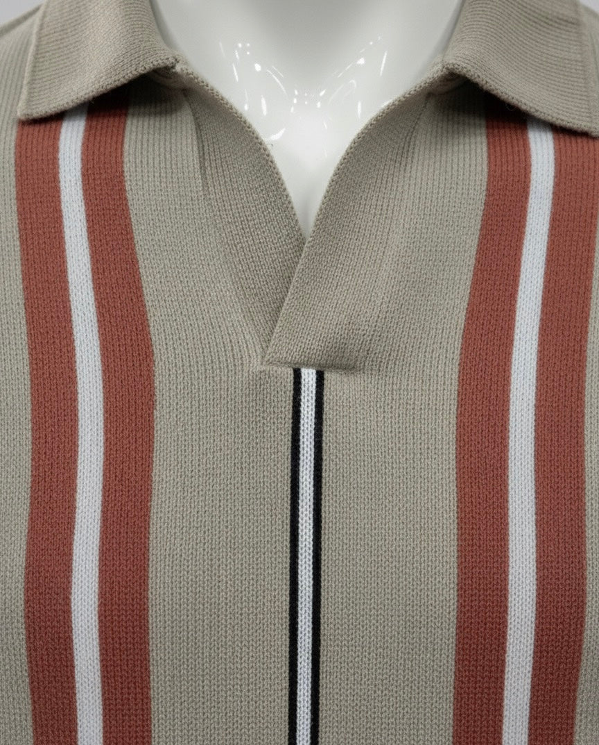 The Mid-Century Knit Polo | Taupe and Terracotta V-Neck Shirt