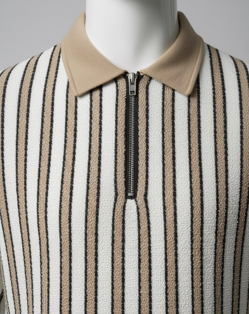 The Coastal Knit Zip Polo | Long Sleeve Tan & White Stripe Shirt