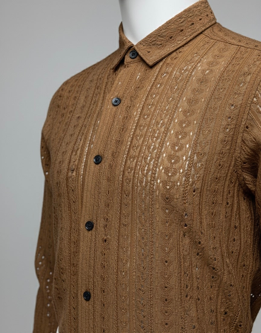Open-Knit Long Sleeve Shirt | Caramel