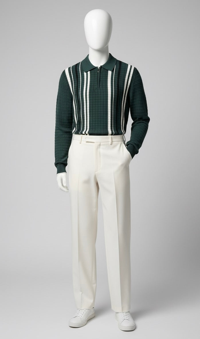 Textured Vertical Stripe Long Sleeve Polo Sweater | Green