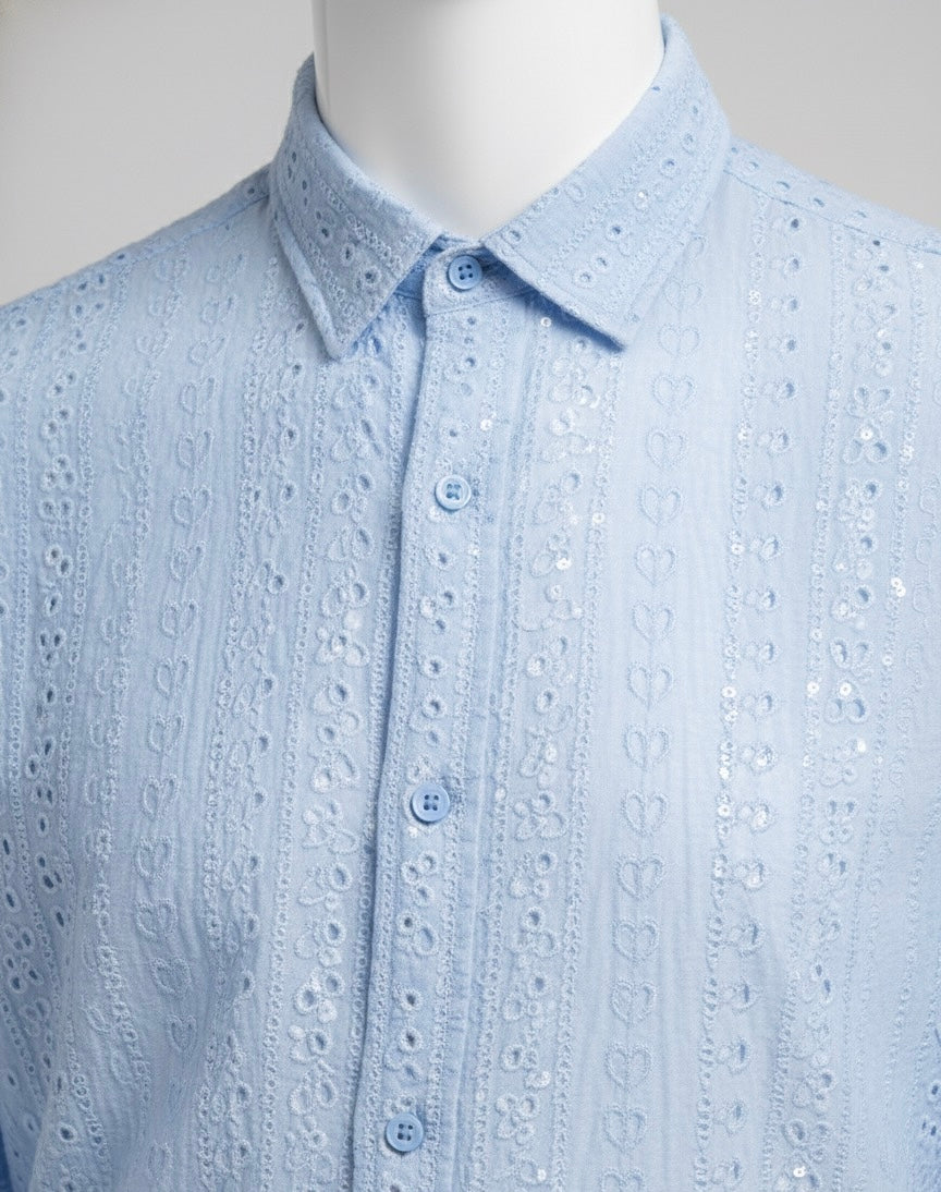The Riviera Lace-Knit Long Sleeve Shirt | Sky Blue Textured Button Down