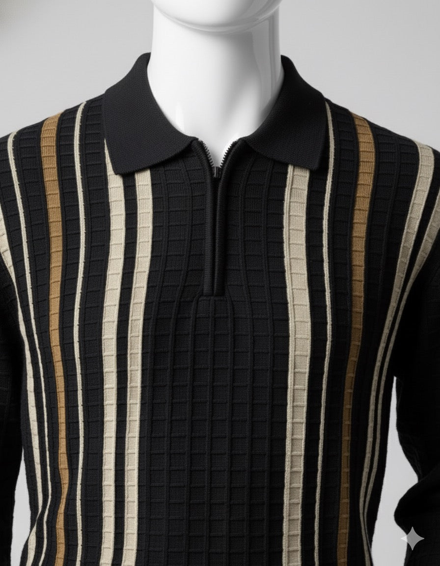 Textured Vertical Stripe Long Sleeve Polo Sweater | Black