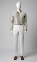 The Coastal Knit Zip Polo | Long Sleeve Tan & White Stripe Shirt