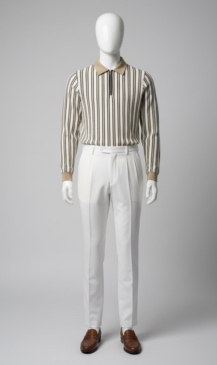 The Coastal Knit Zip Polo | Long Sleeve Tan & White Stripe Shirt