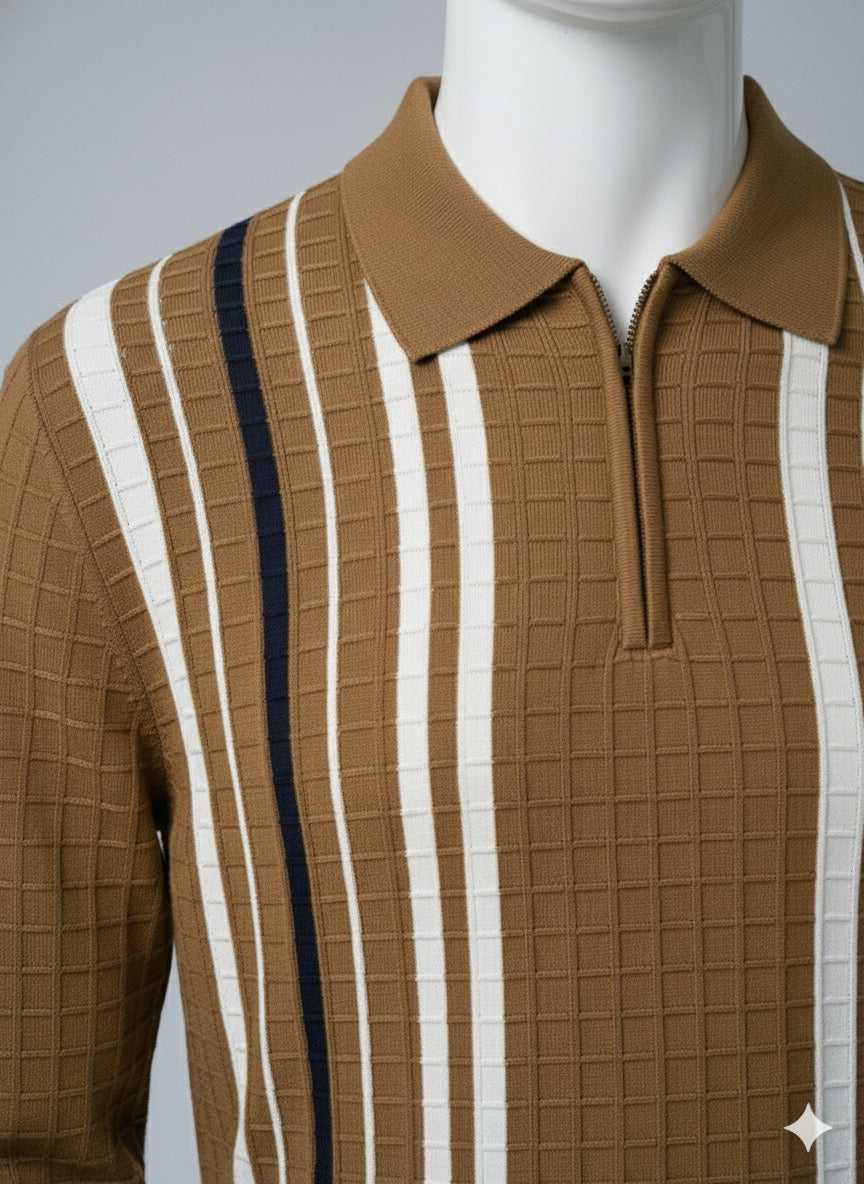 Textured Vertical Stripe Long Sleeve Polo Sweater | Brown