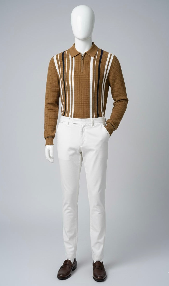 Textured Vertical Stripe Long Sleeve Polo Sweater | Brown
