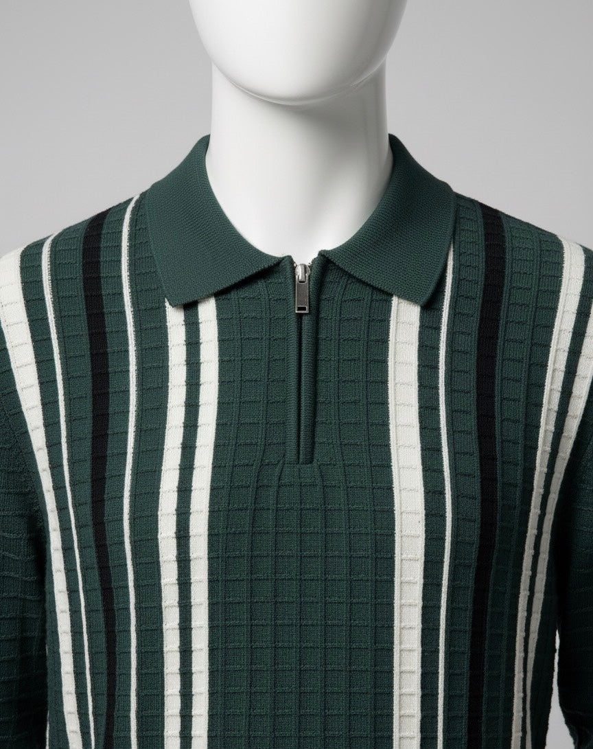 Textured Vertical Stripe Long Sleeve Polo Sweater | Green