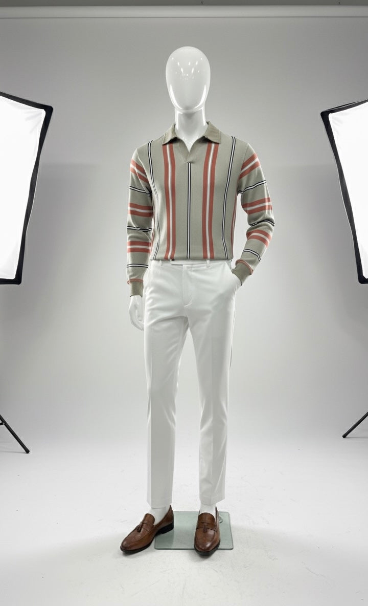 The Mid-Century Knit Polo | Taupe and Terracotta V-Neck Shirt