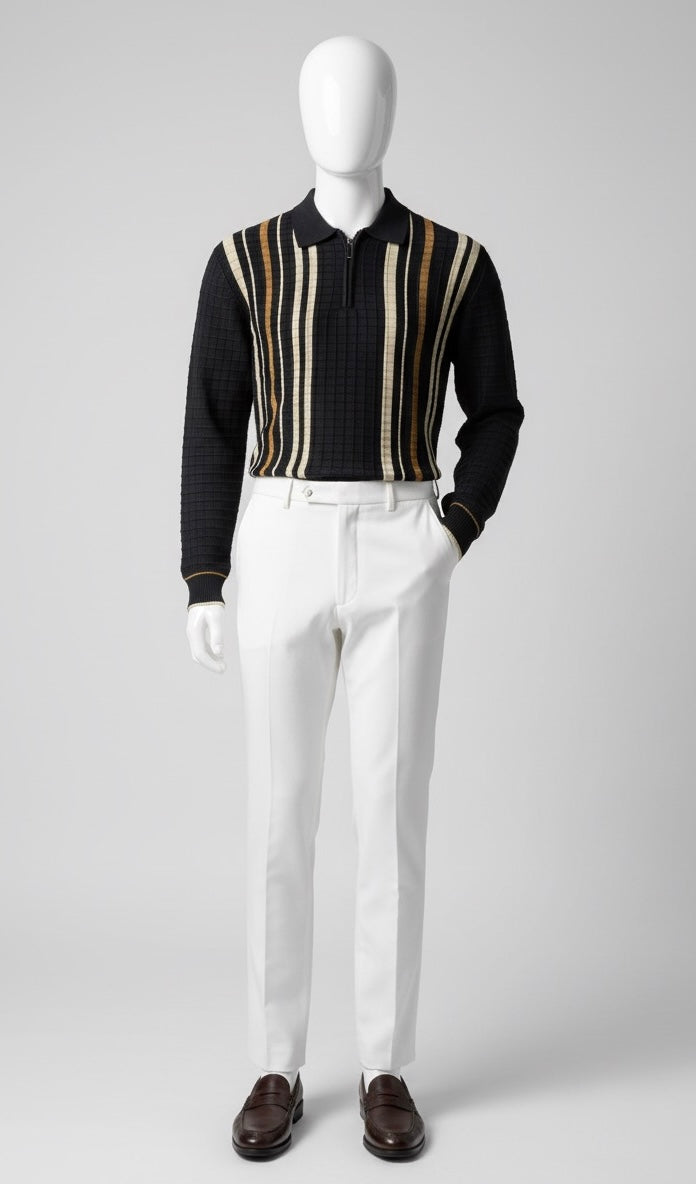 Textured Vertical Stripe Long Sleeve Polo Sweater | Black