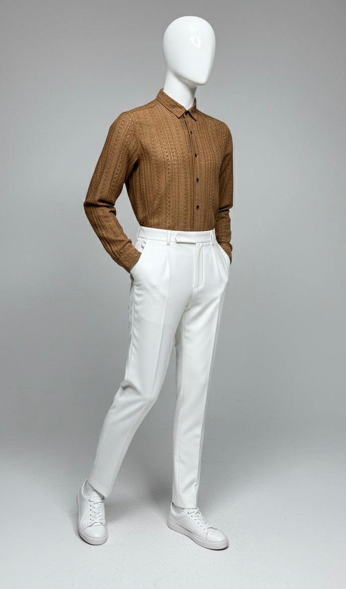 Open-Knit Long Sleeve Shirt | Caramel