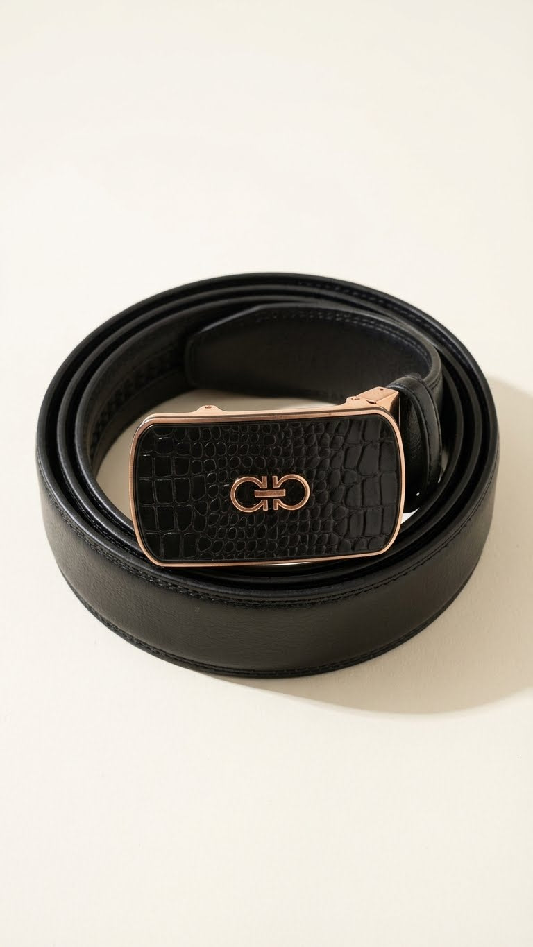 Textured Leather Belt – Patterned Buckle
