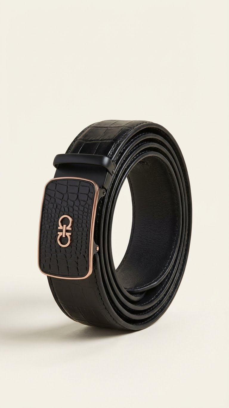 Textured Leather Belt – Patterned Buckle