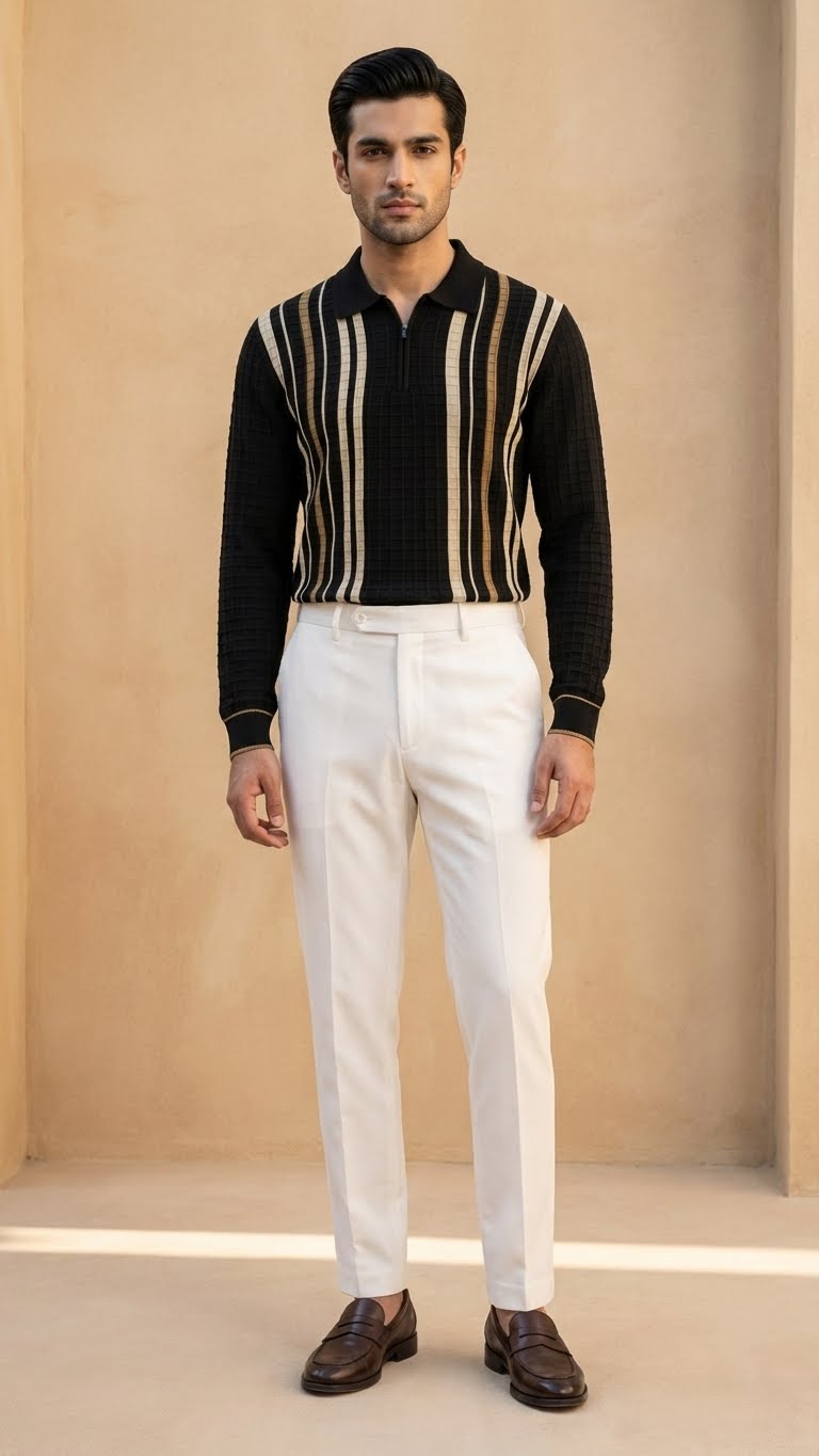 Textured Vertical Stripe Long Sleeve Polo Sweater | Black