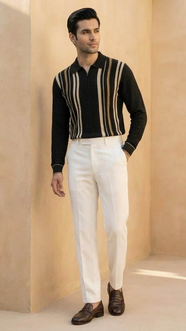 Textured Vertical Stripe Long Sleeve Polo Sweater | Black