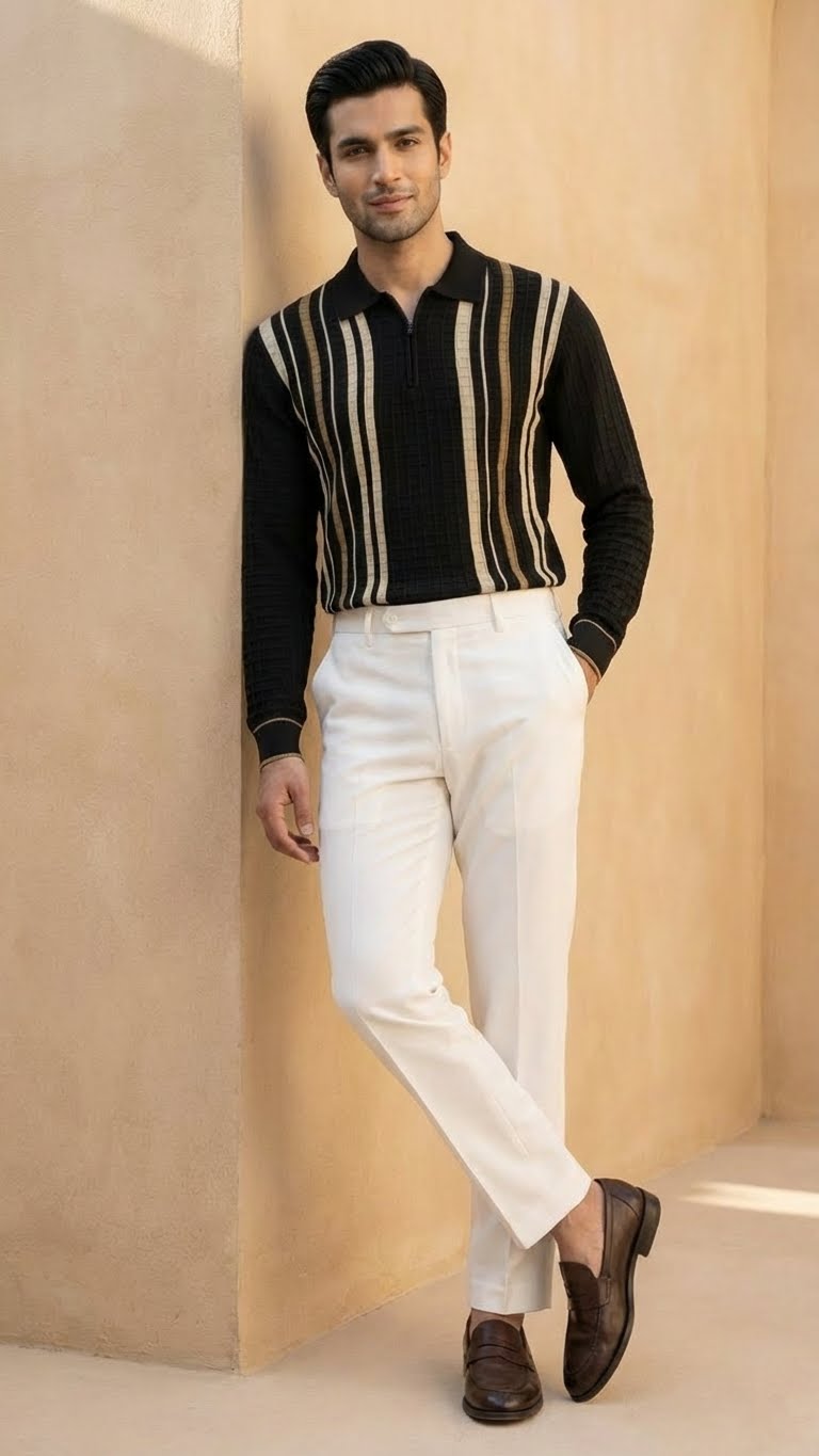 Textured Vertical Stripe Long Sleeve Polo Sweater | Black