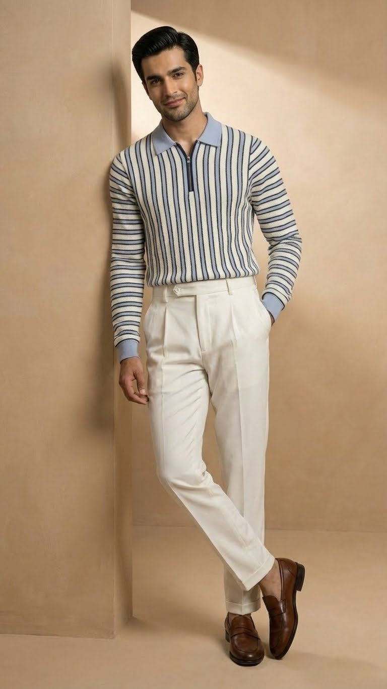 The Riviera Long Sleeve Striped Zip Polo Shirt