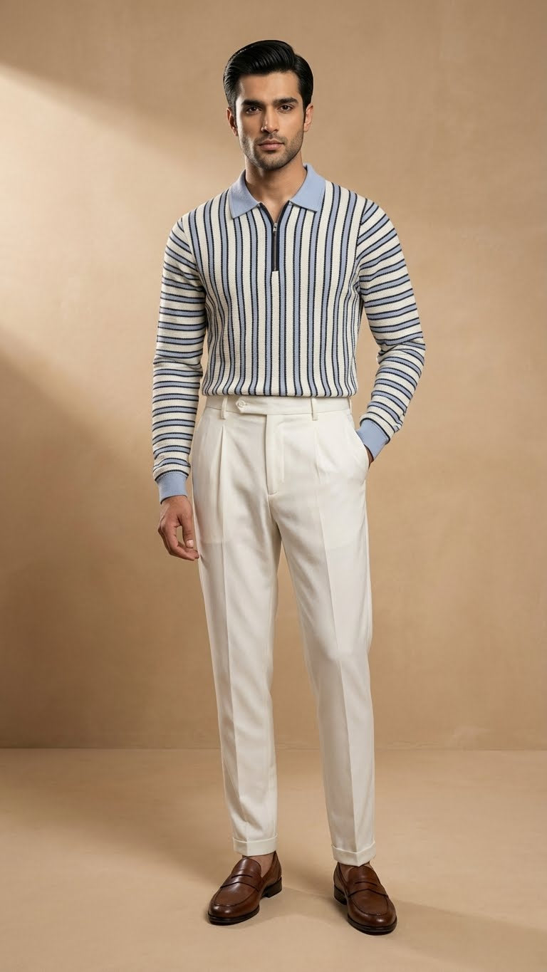 The Riviera Long Sleeve Striped Zip Polo Shirt