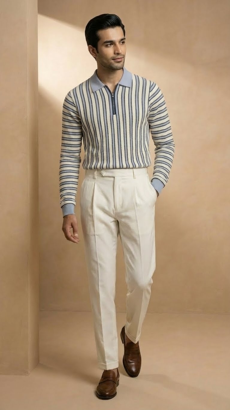 The Riviera Long Sleeve Striped Zip Polo Shirt