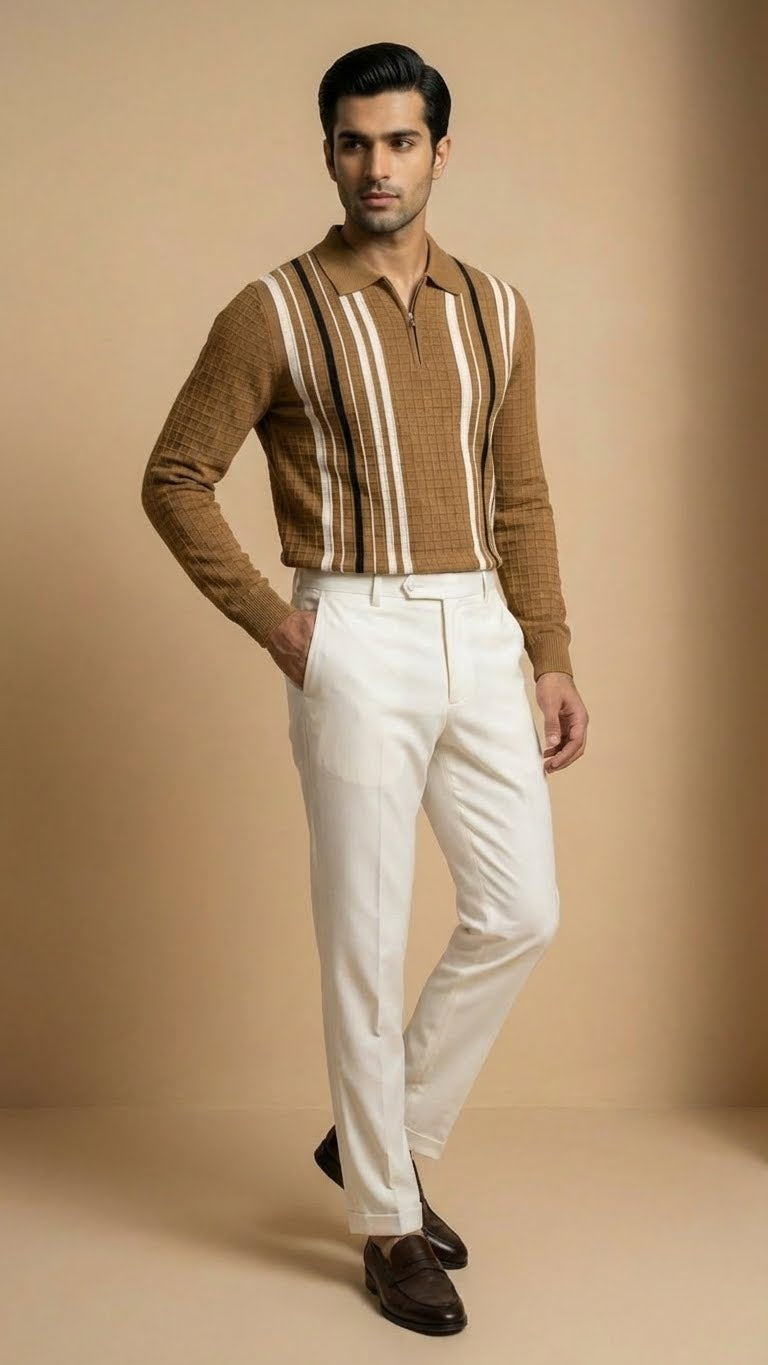 Textured Vertical Stripe Long Sleeve Polo Sweater | Brown