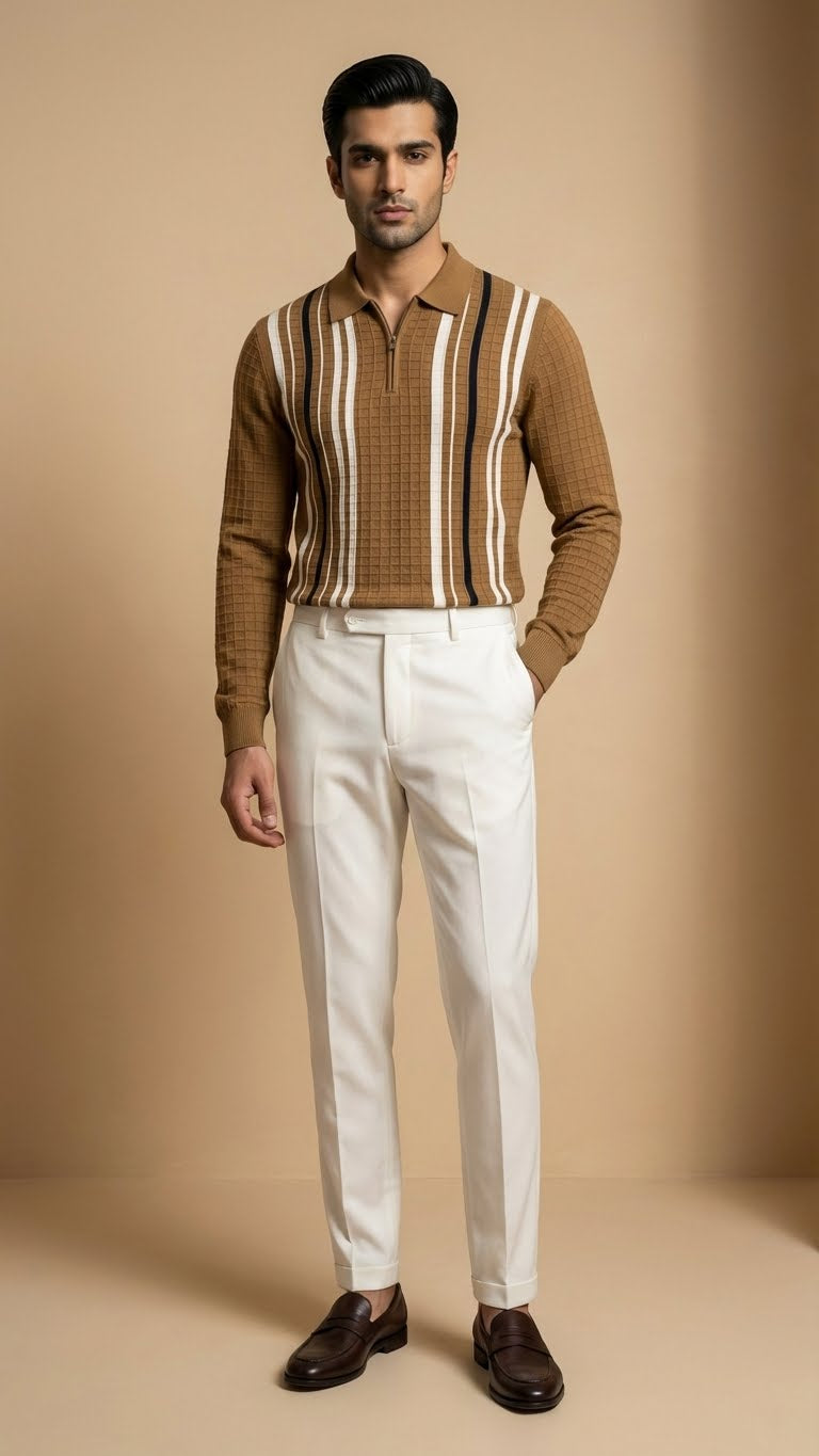 Textured Vertical Stripe Long Sleeve Polo Sweater | Brown