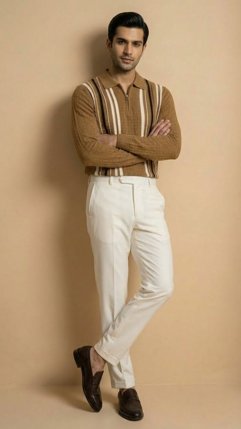 Textured Vertical Stripe Long Sleeve Polo Sweater | Brown