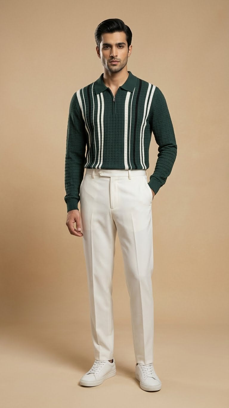 Textured Vertical Stripe Long Sleeve Polo Sweater | Green
