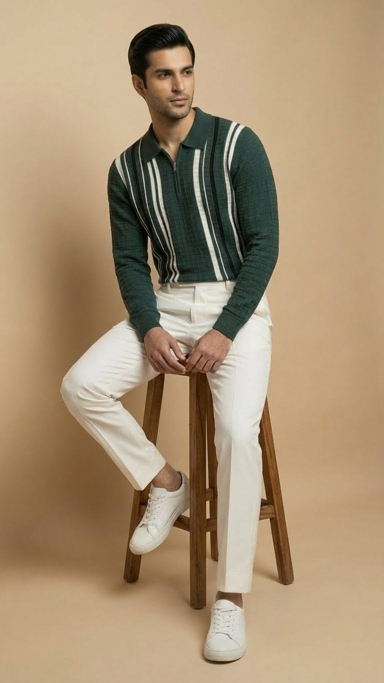 Textured Vertical Stripe Long Sleeve Polo Sweater | Green