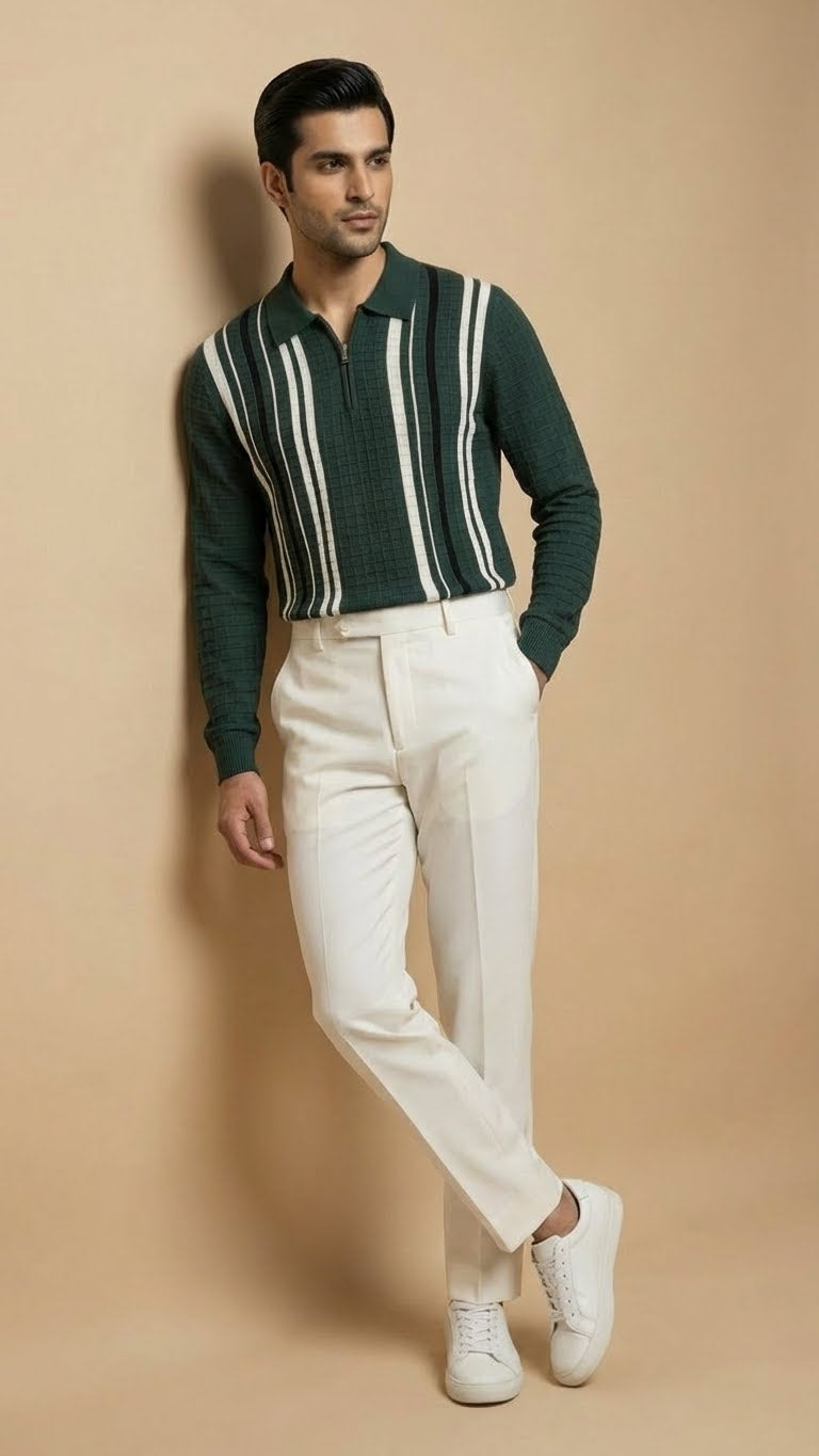 Textured Vertical Stripe Long Sleeve Polo Sweater | Green
